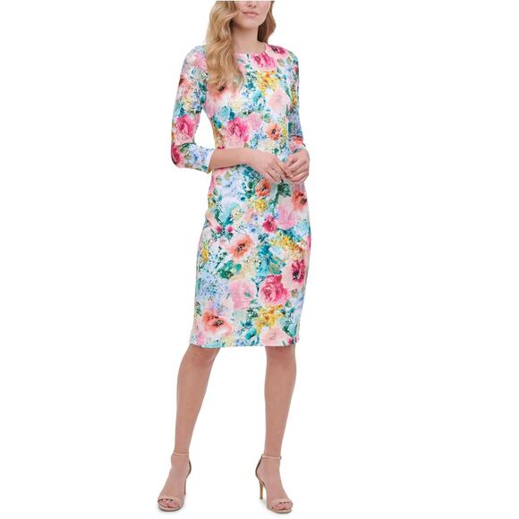 Kensie Dresses & Skirts - Kensie Eyelet Watercolor Floral 3/4 Sleeve Shift Dress - 8